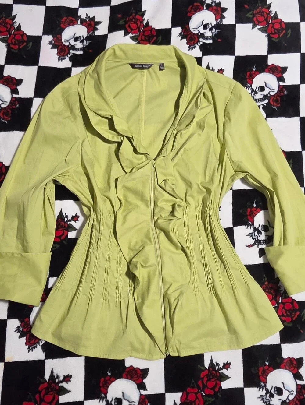 Samuel Dong Lime Green Ruffle Zip-Up Blouse